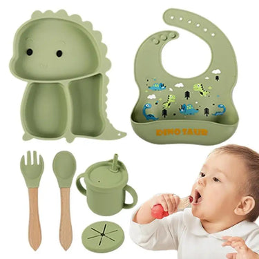 Kindertafelset van Silicone - 7-delige Dino Tafelgerei voor Kinderen, Vaatwasmachinebestendig, Kindvriendelijk Ontwerp 0